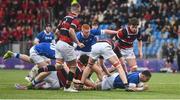 2 February 2024; Aaron O’Brien of St Mary’s College is tackled by Finn O’Neill of Wesley College during the Bank of Ireland Leinster Schools Senior Cup First Round match between St Mary's College and Wesley College at Energia Park in Dublin. Photo by Daire Brennan/Sportsfile