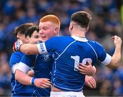 2 February 2024; Joseph Christle of St Mary’s College, left, celebrates with team-mate Evan Moynihan, after Moynihan scored his side's fifth try during the Bank of Ireland Leinster Schools Senior Cup First Round match between St Mary's College and Wesley College at Energia Park in Dublin. Photo by Dáire Brennan/Sportsfile