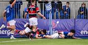 2 February 2024; Jack Halpin of St Mary’s College scores his side's sixth try during the Bank of Ireland Leinster Schools Senior Cup First Round match between St Mary's College and Wesley College at Energia Park in Dublin. Photo by Dáire Brennan/Sportsfile