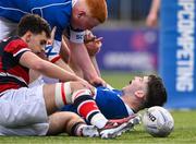 2 February 2024; Joseph Christle of St Mary’s College, left, celebrates with team-mate Evan Moynihan, after Moynihan scored his side's fifth try during the Bank of Ireland Leinster Schools Senior Cup First Round match between St Mary's College and Wesley College at Energia Park in Dublin. Photo by Dáire Brennan/Sportsfile