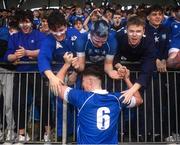 2 February 2024; David Leane of St Mary’s College celebrates with supporters after the Bank of Ireland Leinster Schools Senior Cup First Round match between St Mary's College and Wesley College at Energia Park in Dublin. Photo by Dáire Brennan/Sportsfile