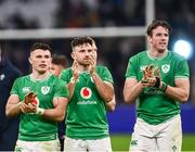 2 February 2024; Ireland players, from left, Calvin Nash, Hugo Keenan and Ryan Baird after their side's victory in the Guinness Six Nations Rugby Championship match between France and Ireland at the Stade Velodrome in Marseille, France. Photo by Harry Murphy/Sportsfile