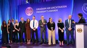 2 February 2024; Niall Cahalane of the Cahalanes’ of Cork, Castlehaven, Éire Óg & St Finbarrs GAA Clubs, is interviewed by TG4's Micheál Ó Domhnaill after accepting the Dermot Earley Family award from Uachtarán Chumann Lúthchleas Gael Larry McCarthy during the Gradaim an Uachtaráin at Croke Park in Dublin. Photo by Stephen McCarthy/Sportsfile