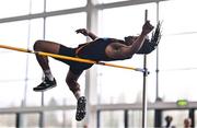 3 February 2024; Rolus Olusa of Clonliffe Harriers AC, Dublin, competes in the Men's High Jump during the AAI National Indoor League Final at the TUS Indoor Arena, Athlone in Westmeath. Photo by Ben McShane/Sportsfile