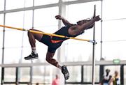 3 February 2024; Rolus Olusa of Clonliffe Harriers AC, Dublin, competes in the Men's High Jump during the AAI National Indoor League Final at the TUS Indoor Arena, Athlone in Westmeath. Photo by Ben McShane/Sportsfile