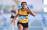 3 February 2024; Okwu Backari of Leevale AC, Cork, centre, competes in the Women's 60m Hurdles during the AAI National Indoor League Final at the TUS Indoor Arena, Athlone in Westmeath. Photo by Ben McShane/Sportsfile