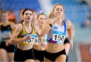 3 February 2024; Amy O'Donoghue of Dundrum South Dublin AC, Dublin, right, and Claire Crowley of Leevale AC, Cork, lead the field in the Women's 800m during the AAI National Indoor League Final at the TUS Indoor Arena, Athlone in Westmeath. Photo by Ben McShane/Sportsfile