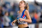 3 February 2024; Amy O'Donoghue of Dundrum South Dublin AC, Dublin, reacts after finishing 2nd in the Women's 800m during the AAI National Indoor League Final at the TUS Indoor Arena, Athlone in Westmeath. Photo by Ben McShane/Sportsfile