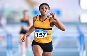 3 February 2024; Okwu Backari of Leevale AC, Cork, centre, competes in the Women's 60m Hurdles during the AAI National Indoor League Final at the TUS Indoor Arena, Athlone in Westmeath. Photo by Ben McShane/Sportsfile