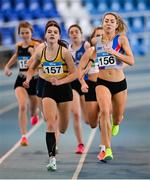 3 February 2024; Amy O'Donoghue of Dundrum South Dublin AC, Dublin, right, and Claire Crowley of Leevale AC, Cork, lead the field in the Women's 800m during the AAI National Indoor League Final at the TUS Indoor Arena, Athlone in Westmeath. Photo by Ben McShane/Sportsfile