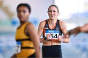 3 February 2024; Jessica Tappin of Clonliffe Harriers AC, Dublin, after winning the Women's 60m Hurdles during the AAI National Indoor League Final at the TUS Indoor Arena, Athlone in Westmeath. Photo by Ben McShane/Sportsfile