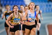 3 February 2024; Amy O'Donoghue of Dundrum South Dublin AC, Dublin, right, and Claire Crowley of Leevale AC, Cork, lead the field in the Women's 800m during the AAI National Indoor League Final at the TUS Indoor Arena, Athlone in Westmeath. Photo by Ben McShane/Sportsfile