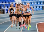 3 February 2024; Amy O'Donoghue of Dundrum South Dublin AC, Dublin, right, and Claire Crowley of Leevale AC, Cork, lead the field in the Women's 800m during the AAI National Indoor League Final at the TUS Indoor Arena, Athlone in Westmeath. Photo by Ben McShane/Sportsfile