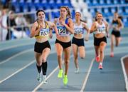 3 February 2024; Amy O'Donoghue of Dundrum South Dublin AC, Dublin, right, and Claire Crowley of Leevale AC, Cork, race to the line in the Women's 800m during the AAI National Indoor League Final at the TUS Indoor Arena, Athlone in Westmeath. Photo by Ben McShane/Sportsfile