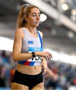 3 February 2024; Amy O'Donoghue of Dundrum South Dublin AC, Dublin, reacts after finishing 2nd in the Women's 800m during the AAI National Indoor League Final at the TUS Indoor Arena, Athlone in Westmeath. Photo by Ben McShane/Sportsfile