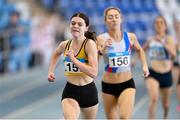 3 February 2024; Claire Crowley of Leevale AC, Cork, on her way to winning the Women's 800m during the AAI National Indoor League Final at the TUS Indoor Arena, Athlone in Westmeath. Photo by Ben McShane/Sportsfile