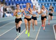 3 February 2024; Amy O'Donoghue of Dundrum South Dublin AC, Dublin, right, and Claire Crowley of Leevale AC, Cork, race to the line in the Women's 800m during the AAI National Indoor League Final at the TUS Indoor Arena, Athlone in Westmeath. Photo by Ben McShane/Sportsfile