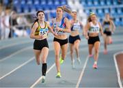 3 February 2024; Claire Crowley of Leevale AC, Cork, on her way to winning the Women's 800m during the AAI National Indoor League Final at the TUS Indoor Arena, Athlone in Westmeath. Photo by Ben McShane/Sportsfile