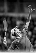 3 February 2024; (EDITOR'S NOTE; Image has been converted to Black & White) Osgar Ó hOisín of Ireland in action against Sebastian Ofner of Austria during their singles match on day one of the Davis Cup World Group I Play-off 1st Round match between Ireland and Austria at UL Sport Arena in Limerick. Photo by Brendan Moran/Sportsfile