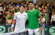 3 February 2024; Dominic Thiem of Austria, left, and Michael Agwi of Ireland before thir singles match on day one of the Davis Cup World Group I Play-off 1st Round match between Ireland and Austria at UL Sport Arena in Limerick. Photo by Brendan Moran/Sportsfile