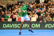 3 February 2024; Michael Agwi of Ireland in action against Dominic Thiem of Austria during their singles match on day one of the Davis Cup World Group I Play-off 1st Round match between Ireland and Austria at UL Sport Arena in Limerick. Photo by Brendan Moran/Sportsfile