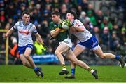 4 February 2024; Barry Dan O'Sullivan of Kerry in action against Gary Mohan, right, and Ciaran McNulty of Monaghan during the Allianz Football League Division 1 match between Monaghan and Kerry at St Tiernach's Park in Clones, Monaghan. Photo by Sam Barnes/Sportsfile