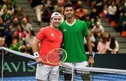 4 February 2024; Lucas Miedler of Austria, left, and Michael Agwi of Ireland before their singles match on day two of the Davis Cup World Group I Play-off 1st Round match between Ireland and Austria at UL Sport Arena in Limerick. Photo by Brendan Moran/Sportsfile