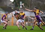 4 February 2024; Cian Kenny of Kilkenny gathers possession ahead of Wexford players, from left, Charlie McGuckin, Corey Byrne Dunbar, Jack O'Connor and Conor Hearne during the Allianz Hurling League Division 1 Group A match between Kilkenny and Wexford at UPMC Nowlan Park in Kilkenny. Photo by Piaras Ó Mídheach/Sportsfile