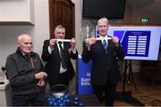 4 February 2024; Vice President of Leinster Rugby Declan Gardiner, right, draws Co Carlow FC, and President of Carlow Rugby Brendan Carbery, centre, draws Portlaoise RFC, with his father Dan Carbery, 3 time Provincial Towns Cup winner, during the Bank of Ireland Provincial Towns Cup Second Round Draw at County Carlow RFC in Carlow. Photo by Matt Browne/Sportsfile