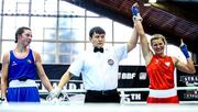 8 February 2024; Rygielska Aneta of Poland, right, is declared the winner over Lisa O’Rourke of Ireland after their Welterweight 66kg bout during the 75th International Boxing Tournament Strandja in Sofia, Bulgaria. Photo by Ivan Ivanov/Sportsfile