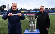 9 February 2024; Leinster head of rugby development Philip Lawlor, left, and Chair of Leinster Rugby Committee Karl O'Neill during the Bank of Ireland Leinster Schools Junior Cup Second Round Draw at Energia Park in Dublin. Photo by Piaras Ó Mídheach/Sportsfile