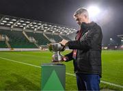 9 February 2024; Cliff Henry, League of Ireland operations manager, prepares the cup before the 2024 Men's President's Cup match between Shamrock Rovers and St Patrick's Athletic at Tallaght Stadium in Dublin. Photo by Stephen McCarthy/Sportsfile