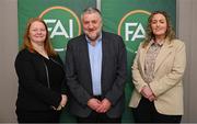 10 February 2024; Ursula Scully and Laura Finnegan O’Halloran have been elected to the FAI Board following a General Assembly Meeting at Carlton Hotel Dublin to ensure that the FAI has met the Government gender balance requirement. Pictured are football director Ursula Scully of the Munster Football Association, left, and independent director Laura Finnegan O’Halloran with FAI president Paul Cooke. Photo by Brendan Moran/Sportsfile