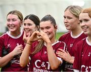 10 February 2024; Marino captain Kate McClusky, 8, celebrates after her side's victory in the Electric Ireland Ashling Murphy Cup final match between Ulster University Magee and Marino at University of Galway Connacht GAA Centre of Excellence in Bekan, Mayo. Photo by Piaras Ó Mídheach/Sportsfile