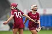 10 February 2024; Marino players Katie Connolly, left, and Róisín Ní Drisceoil celebrate after their side's victory in the Electric Ireland Ashling Murphy Cup final match between Ulster University Magee and Marino at University of Galway Connacht GAA Centre of Excellence in Bekan, Mayo. Photo by Piaras Ó Mídheach/Sportsfile