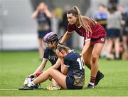 10 February 2024; Marino captain Kate McClusky consoles UUM players Bronagh Moohan, left, and Amy McKenna after the Electric Ireland Ashling Murphy Cup final match between Ulster University Magee and Marino at University of Galway Connacht GAA Centre of Excellence in Bekan, Mayo. Photo by Piaras Ó Mídheach/Sportsfile