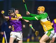 10 February 2024; Corey Byrne Dunbar of Wexford in action against Cillian Kiely of Offaly during the Allianz Hurling League Division 1 Group A match between Wexford and Offaly at Chadwicks Wexford Park in Wexford. Photo by Tyler Miller/Sportsfile