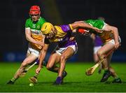 10 February 2024; Tomás Kinsella of Wexford battles for possession against Sam Bourke, right, and Charlie Mitchell of Offaly during the Allianz Hurling League Division 1 Group A match between Wexford and Offaly at Chadwicks Wexford Park in Wexford. Photo by Tyler Miller/Sportsfile
