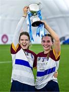 10 February 2024; University of Limerick joint-captains Creagh Lyons, left, and Míde Delaney lift the cup after their side's victory in the Electric Ireland Uí Mhaolagáin Cup final match between University of Limerick and University of Galway at University of Galway Connacht GAA Centre of Excellence in Bekan, Mayo. Photo by Piaras Ó Mídheach/Sportsfile