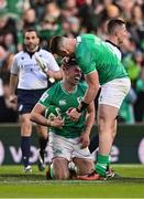 11 February 2024; Jack Crowley of Ireland, left, celebrates with team-mate Dan Sheehan after scoring their side's first try during the Guinness Six Nations Rugby Championship match between Ireland and Italy at the Aviva Stadium in Dublin. Photo by Ben McShane/Sportsfile