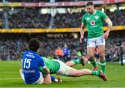 11 February 2024; Dan Sheehan of Ireland scores his side's second try despite the efforts of Ange Capuozzo of Italy during the Guinness Six Nations Rugby Championship match between Ireland and Italy at the Aviva Stadium in Dublin. Photo by Ben McShane/Sportsfile