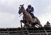 11 February 2024; Hiddenvalley Lake, with Darragh O'Keeffe up, jumps the last on their way to winning the William Hill Boyne Hurdle at Navan Racecourse in Meath. Photo by Seb Daly/Sportsfile