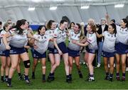 11 February 2024; University of Limerick players react as Mairead O'Brien, 12, is announced as player of the match after their side's victory in the Electric Ireland Ashbourne Cup final match between University of Limerick and Technological University Dublin at University of Galway Connacht GAA AirDome in Bekan, Mayo. Photo by Sam Barnes/Sportsfile