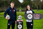 14 February 2024; St Patrick's Athletic player Mason Melia and Shelbourne player Hannah Healy in attendance to launch the 2024 EA SPORTS LOI Academy season at FAI HQ in Abbotstown, Dublin. Photo by David Fitzgerald/Sportsfile