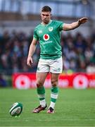 11 February 2024; Jack Crowley of Ireland prepares to a take a conversion during the Guinness Six Nations Rugby Championship match between Ireland and Italy at the Aviva Stadium in Dublin. Photo by Piaras Ó Mídheach/Sportsfile