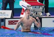 14 February 2024; Daniel Wiffen of Ireland reacts after winning the Men's 800m freestyle final during day four of the World Aquatics Championships 2024 at the Aspire Dome in Doha, Qatar. Photo by Ian MacNicol/Sportsfile