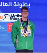 14 February 2024; Daniel Wiffen of Ireland on the podium with his gold medal after winning the Men's 800m freestyle final during day four of the World Aquatics Championships 2024 at the Aspire Dome in Doha, Qatar. Photo by Ian MacNicol/Sportsfile