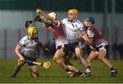 14 February 2024; Darren Morrissey, centre, and Kieran Hanrahan of University of Galway, right, in action against University of Limerick players Adam English, right, and Mark Rogers during the Electric Ireland Higher Education GAA Fitzgibbon Cup semi final match between University of Galway and University of Limerick at St Joseph's Doora-Barefield GAA Club in Ennis, Clare. Photo by John Sheridan/Sportsfile