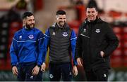 16 February 2024; Drogheda United manager Kevin Doherty, right, with Dave Webster, left, and Adam Foley before the SSE Airtricity Men's Premier Division match between Derry City and Drogheda United at The Ryan McBride Brandywell Stadium in Derry. Photo by Ramsey Cardy/Sportsfile