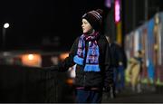 16 February 2024; Young Galway United supporter George Reape, age 9, from Headford, Galway before the SSE Airtricity Men's Premier Division match between Galway United and St Patrick's Athletic at Eamonn Deacy Park in Galway. Photo by Seb Daly/Sportsfile